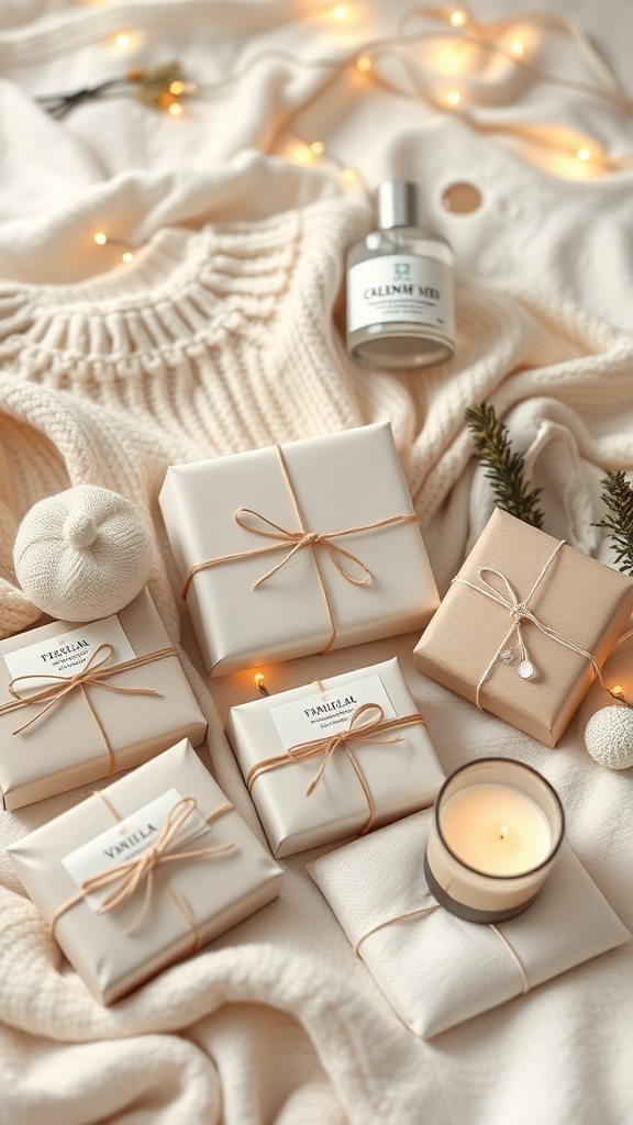 A collection of Christmas gifts including cashmere sweaters, jewelry, and candles, styled for a vanilla girl aesthetic.